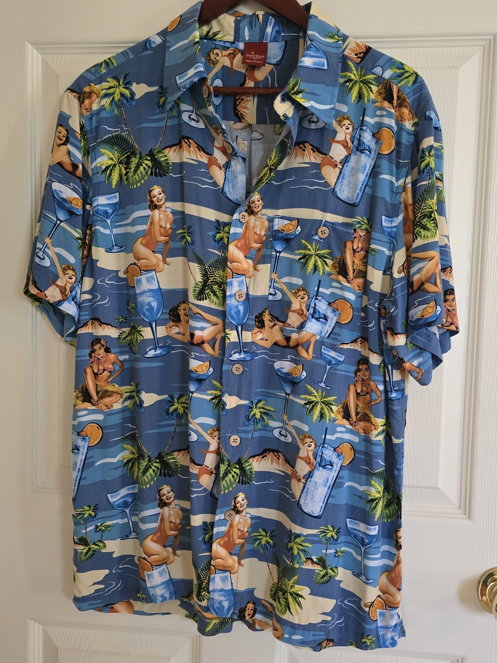 Men's Large Vintage Pinup Tropical Shirt - Blue Cocktail Print